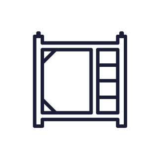 A line drawing of a bunk bed with stairs.