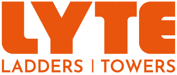 The logo for lyte ladders and towers is orange and white