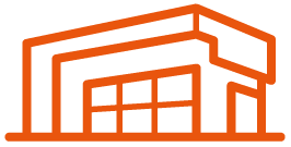 An orange icon of a building with square windows on a white background.