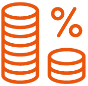 A stack of coins and a percentage symbol on a white background.