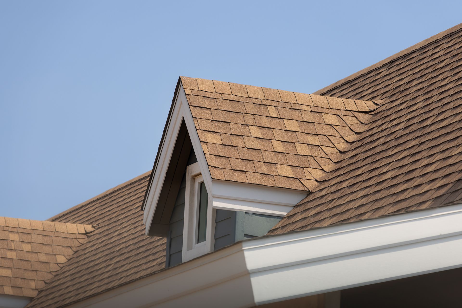 Brown shingled roof with a dormer window against a blue sky.