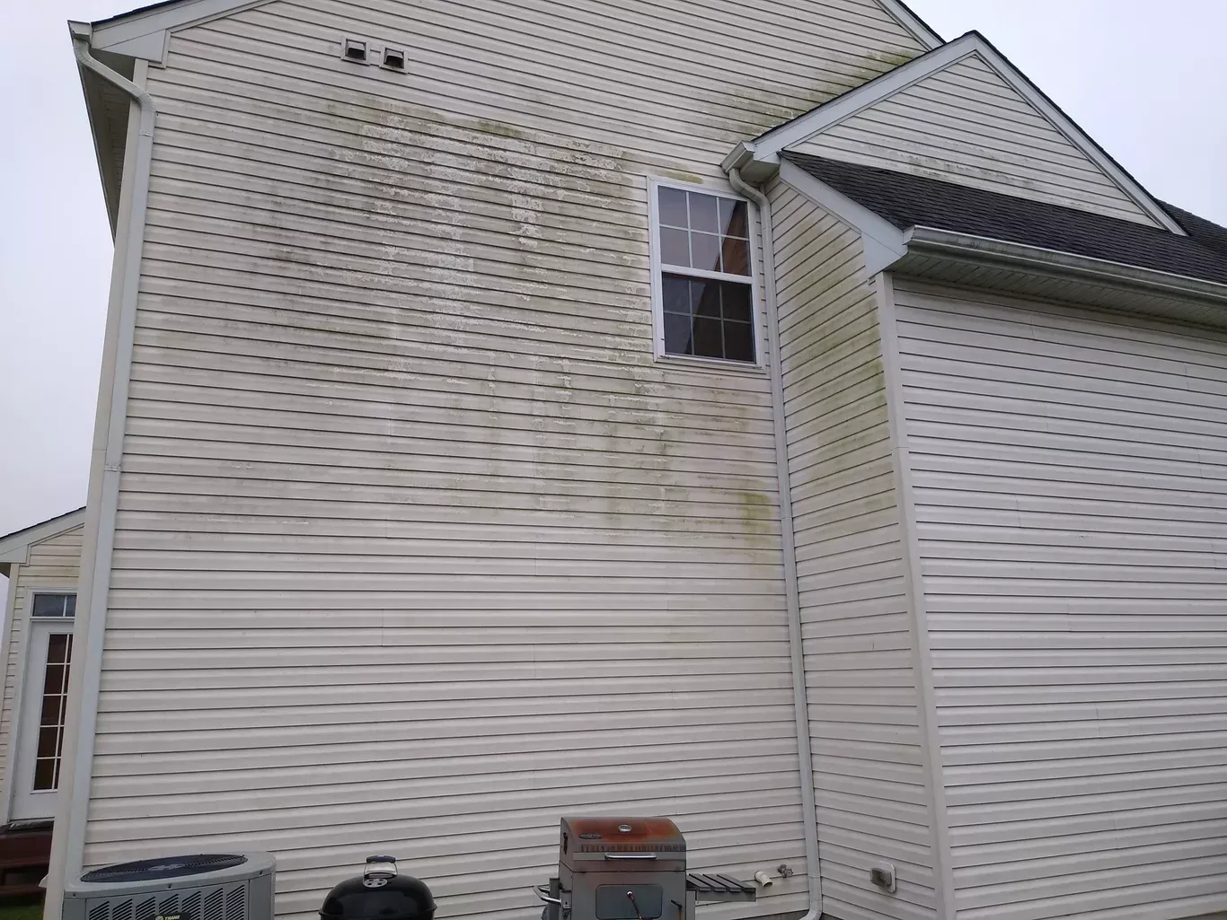 Dirty, light-colored siding on a house, stained with dark streaks. A window and a corner of the roof are visible.