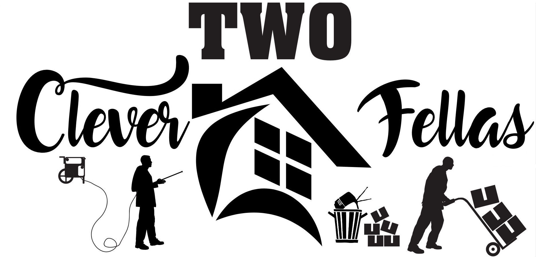 Logo with text "TWO Clever Fellas", house silhouette, people doing work.