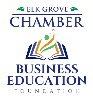 The elk grove chamber business education foundation logo shows a deer and a diamond.
