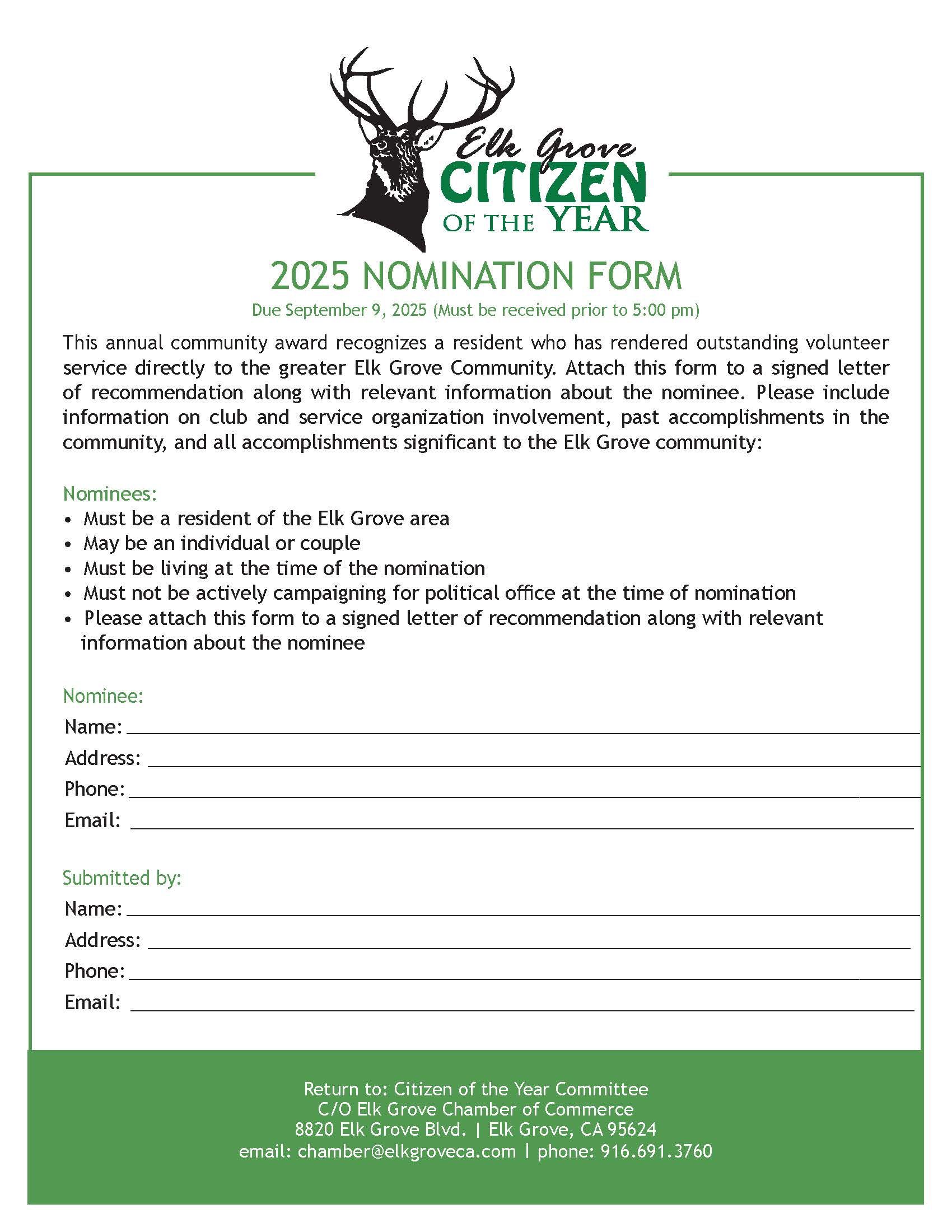Nomination form for Elk Grove Citizen of the Year 2025. 