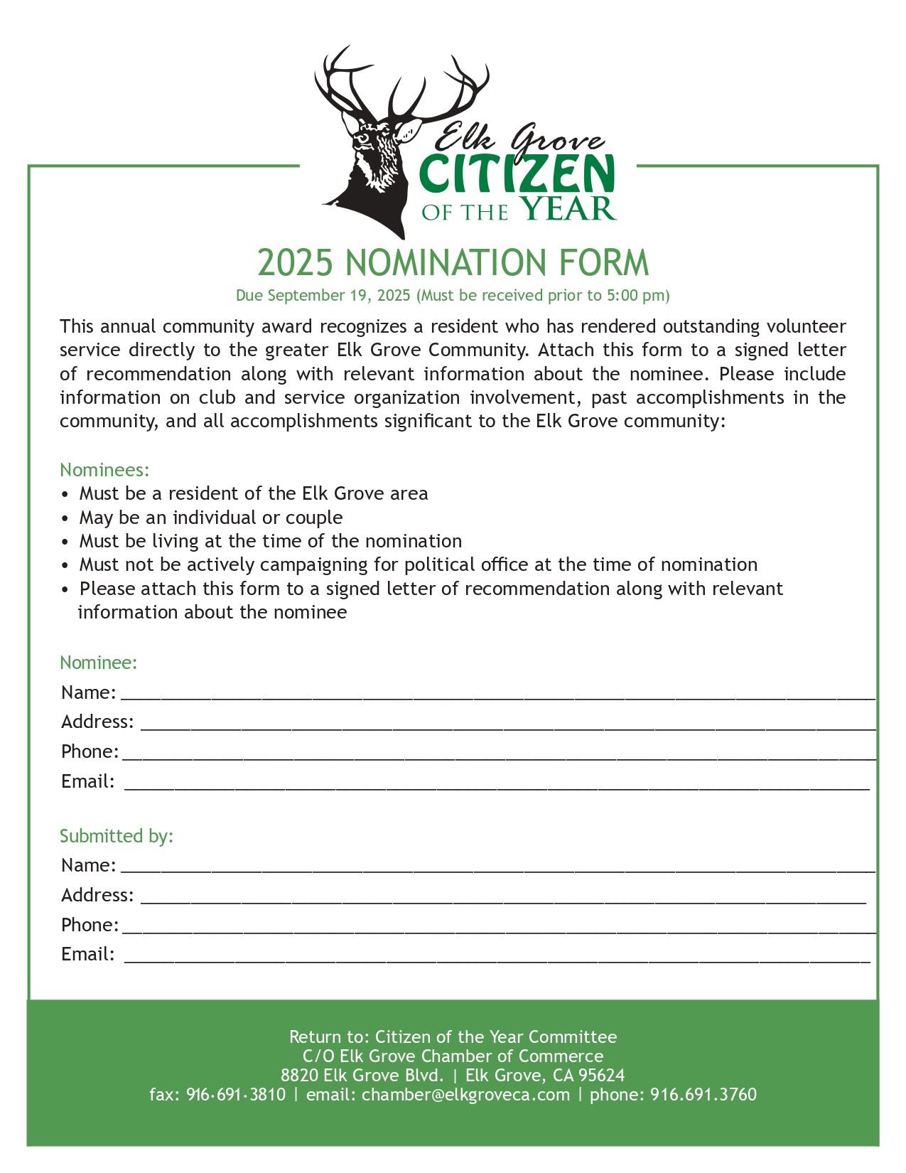 Nomination form for Elk Grove Citizen of the Year 2025.