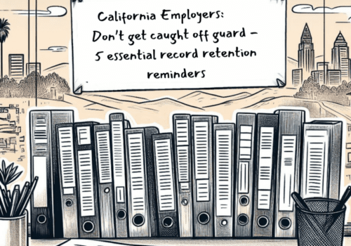 A drawing of a desk with binders and a sign that says california employers do n't get caught off guard