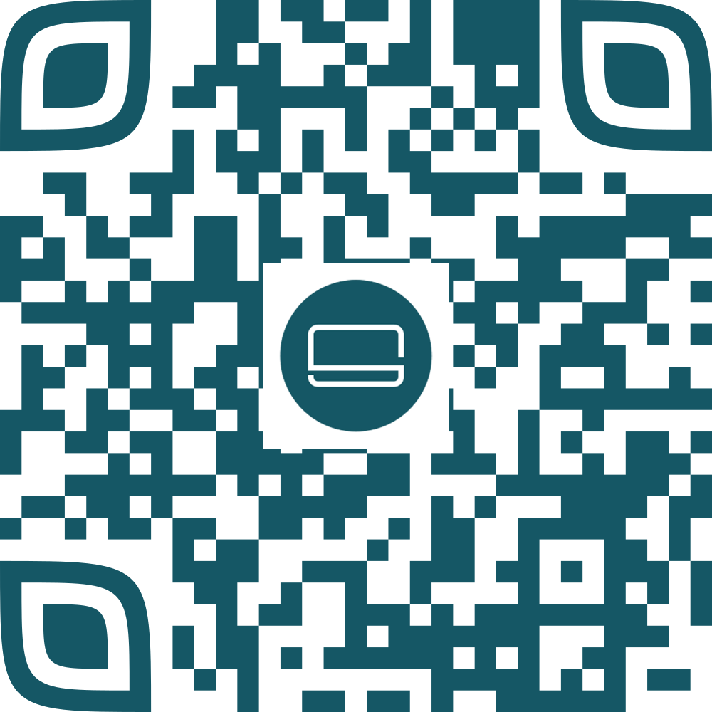 QR code with a laptop icon in the center, teal blocks on white background.