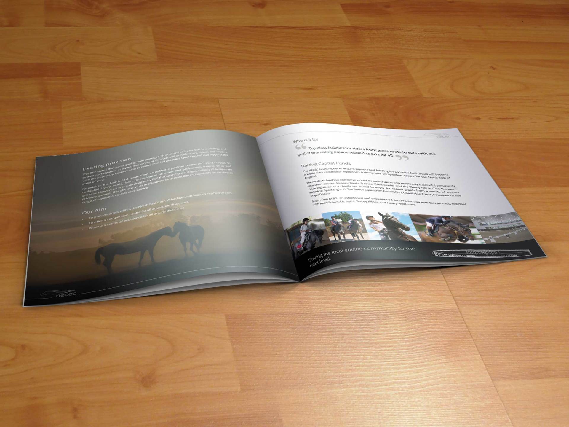 Open book on wooden surface, with horse image and text on the pages.