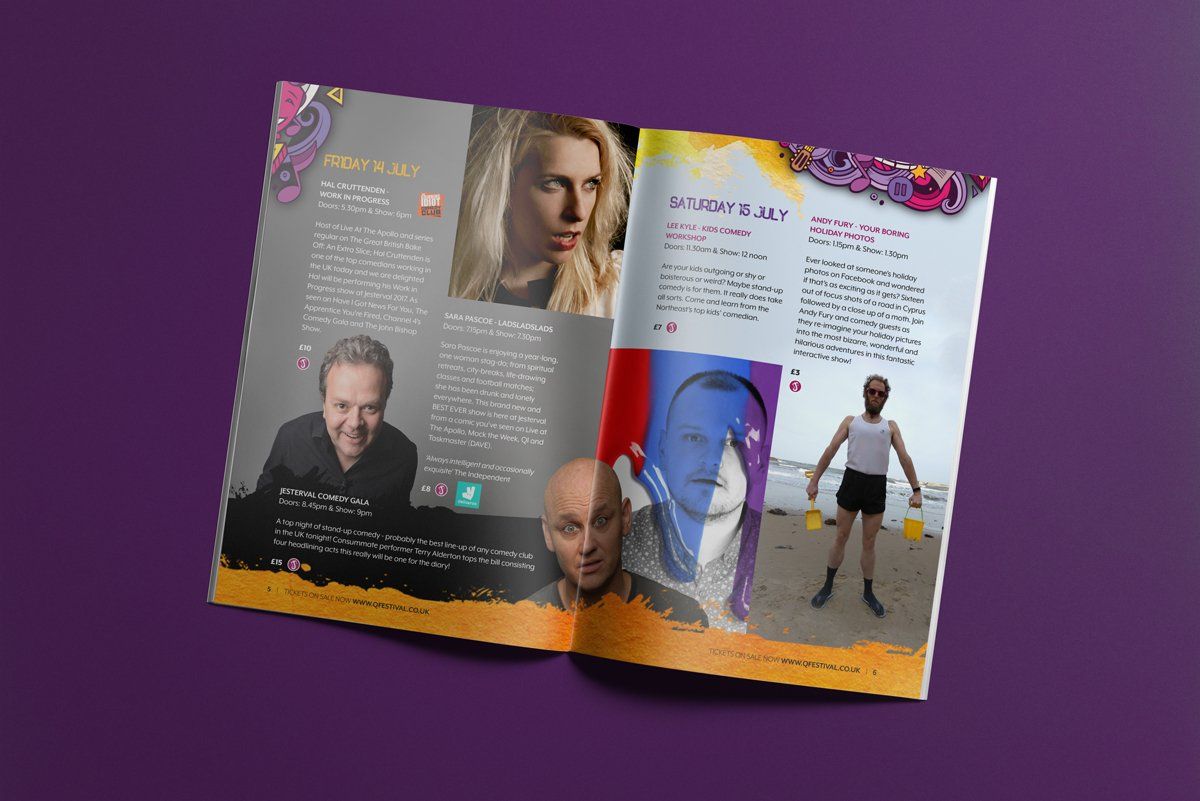 Magazine spread: Photos and text on a purple background. Features portraits of four people with colorful design elements.