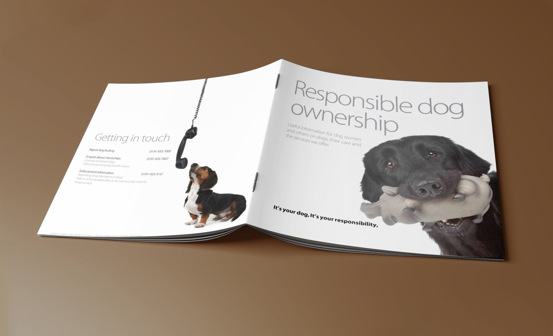 Open brochure with a dachshund holding a phone and a black dog with a toy. Text promotes responsible dog ownership.