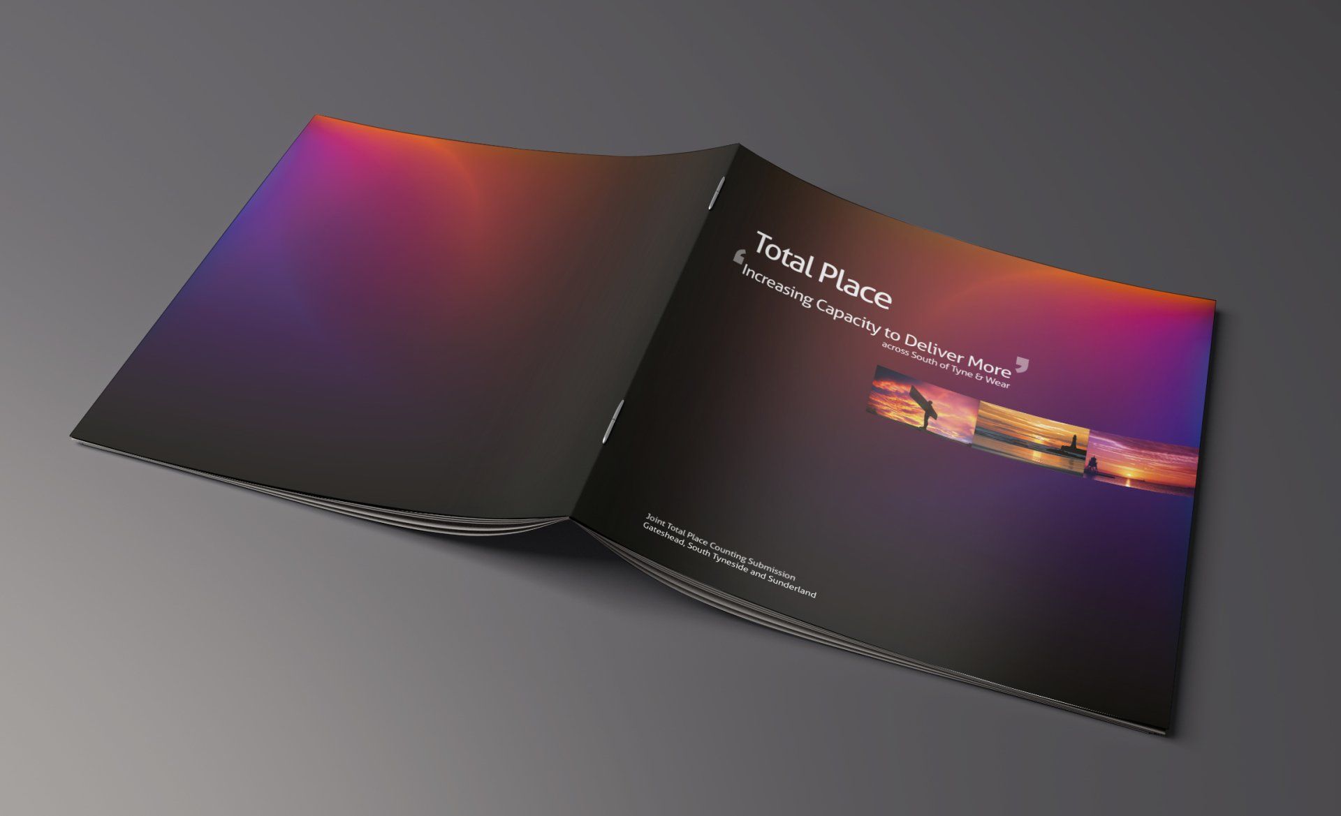 Opened booklet with gradient background, text and photo of an outdoor scene.