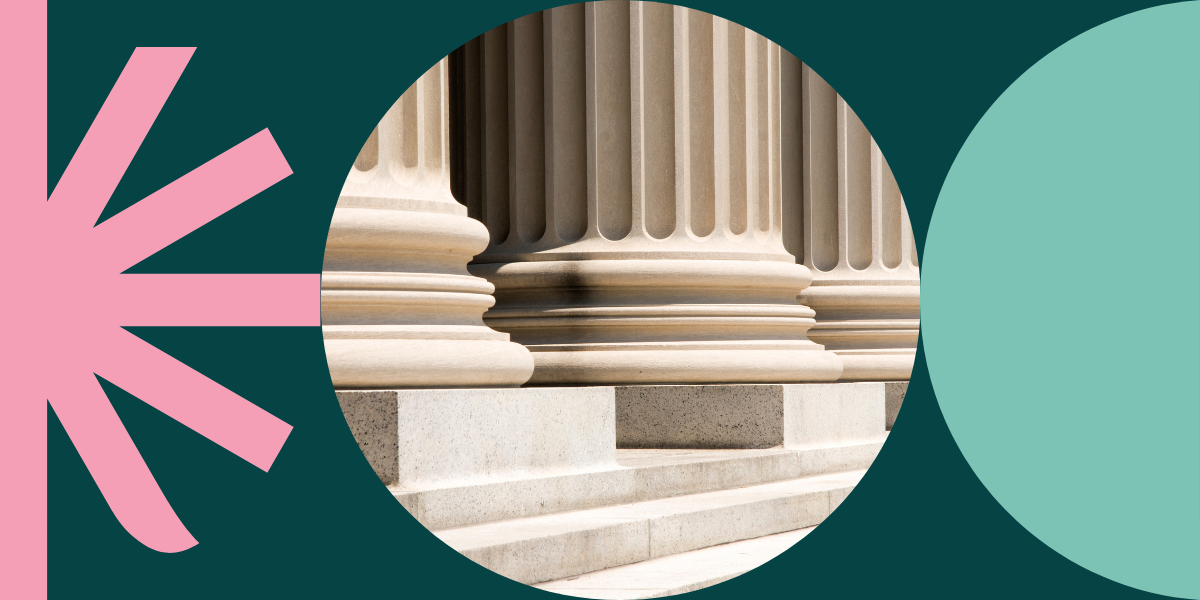 Graphic with pink starburst, column photo in a circle, and teal circle on a dark background