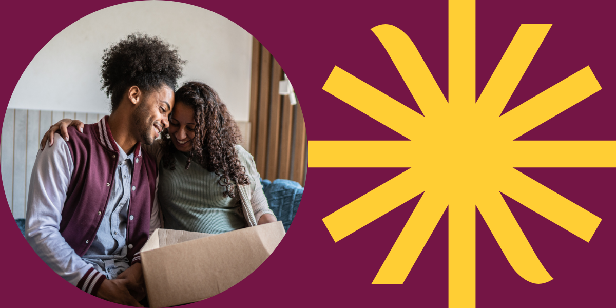 Two people sorting items from a box beside a yellow starburst logo on a pink background