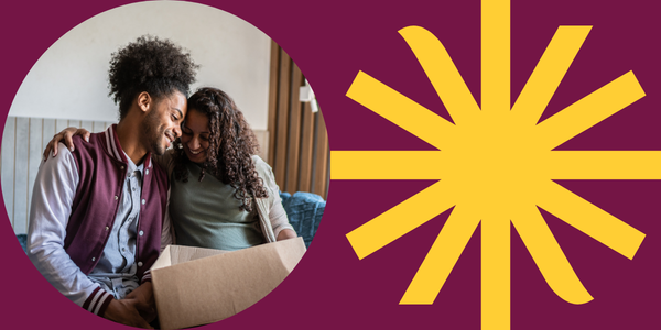 Two people sorting items from a box beside a yellow starburst logo on a pink background