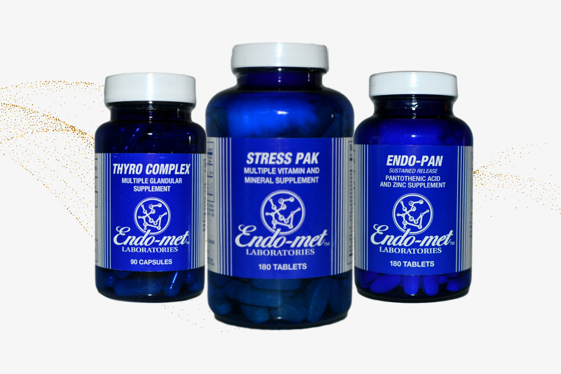 Three bottles of endo-met supplements sit next to each other on a white background.