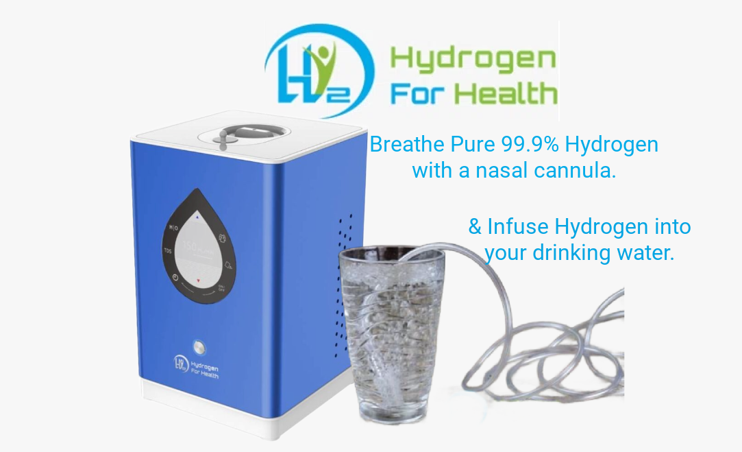 A picture of a hydrogen for health device next to a cup of hydrogen-infused water.