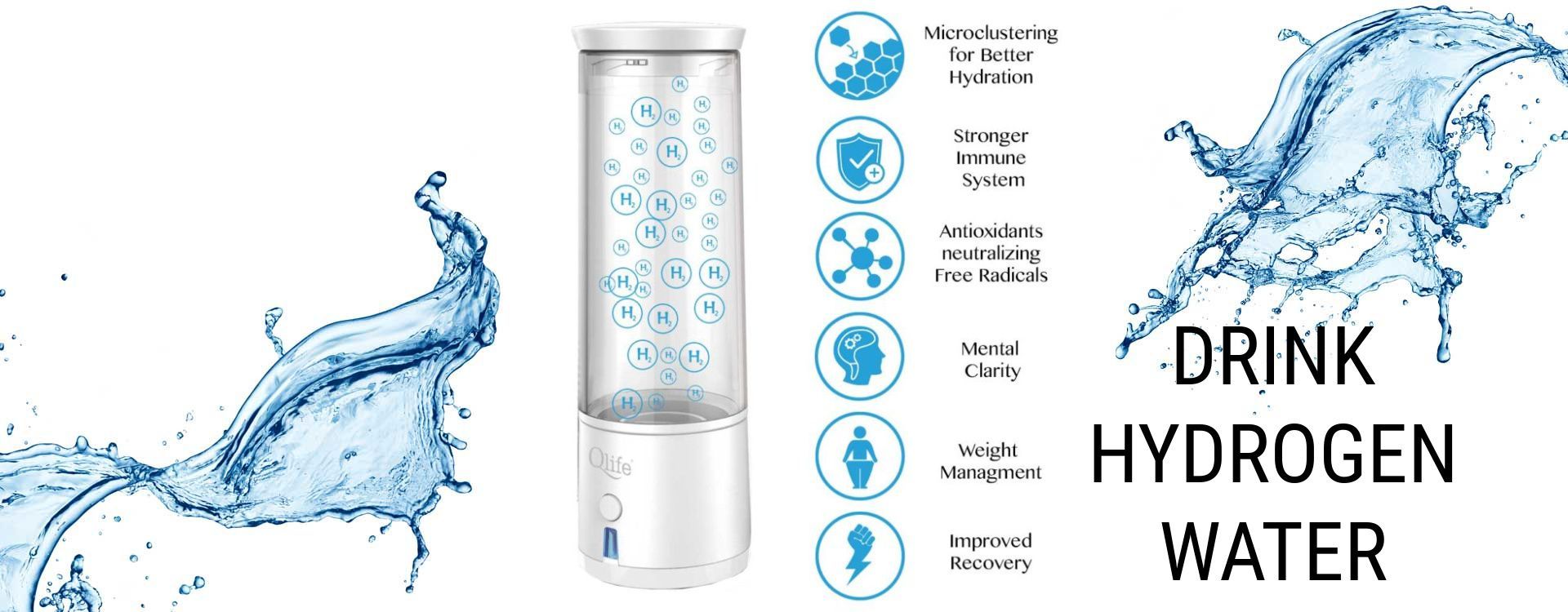 A hydrogen-generating bottle of hydrogen water that says Drink Hydrogen Water.
