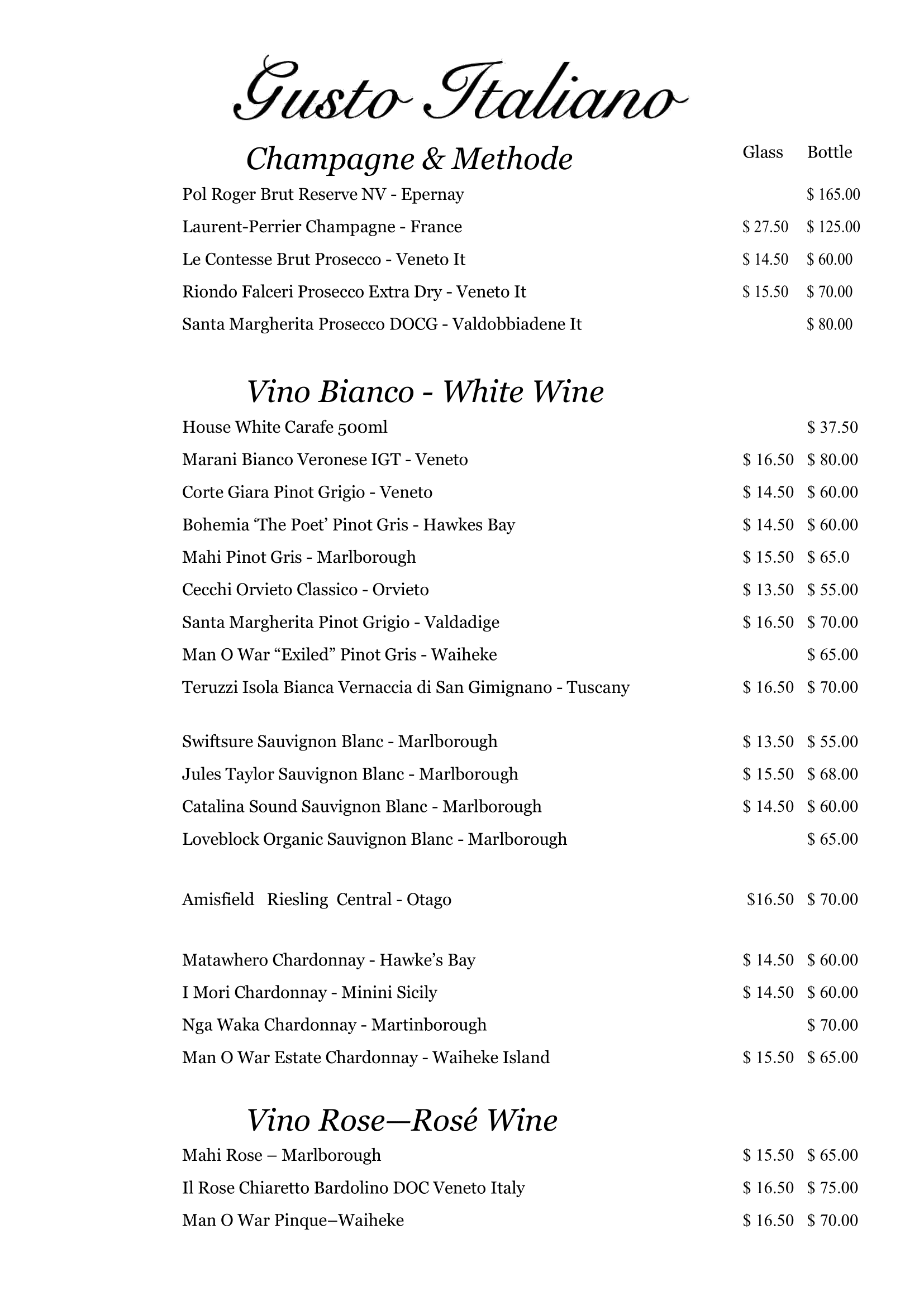 Gusto Italiano Wine List
