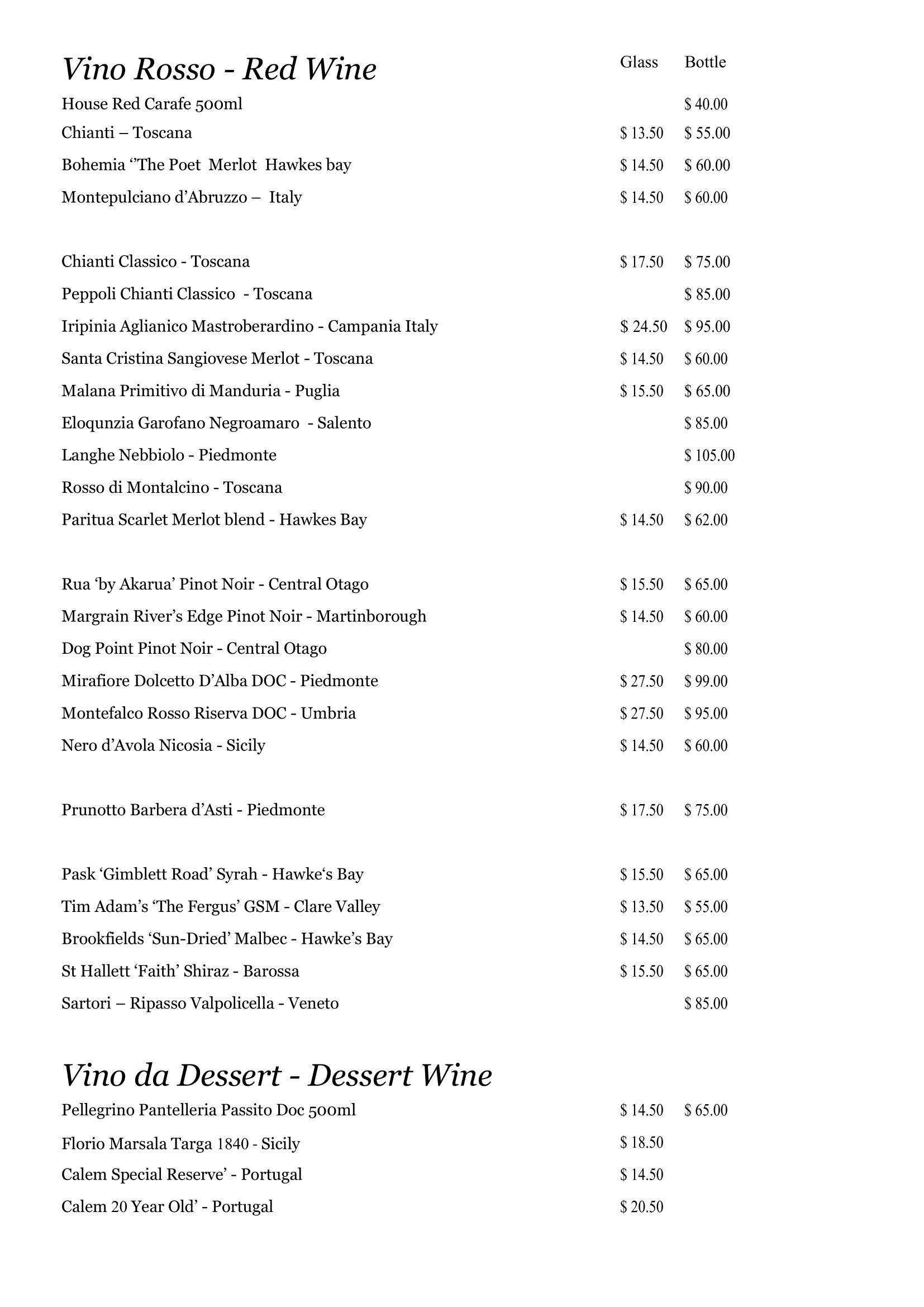 Gusto Italiano Wine List
