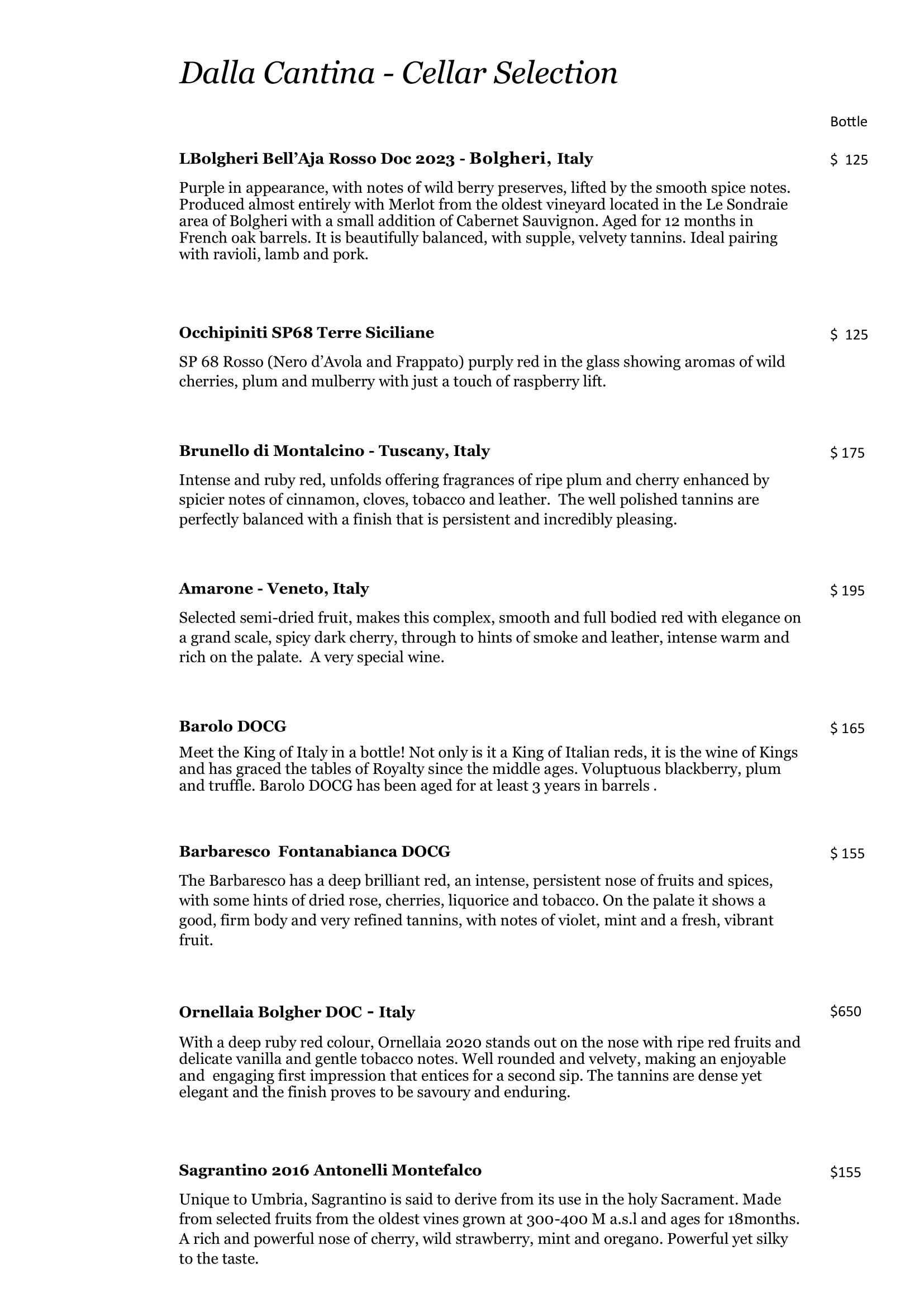 Gusto Italiano Wine  List