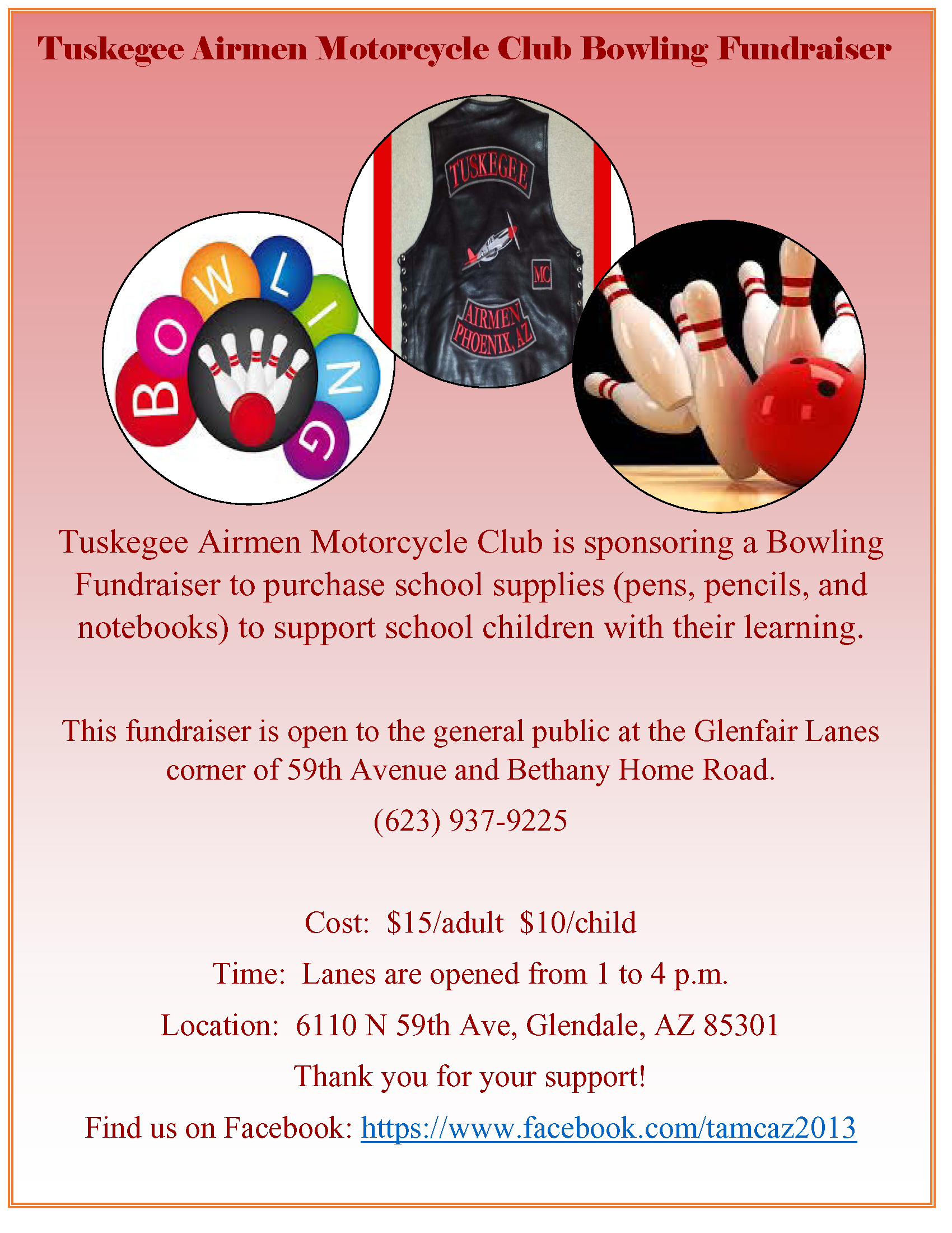 A flyer for a bowling fundraiser for a motorcycle club