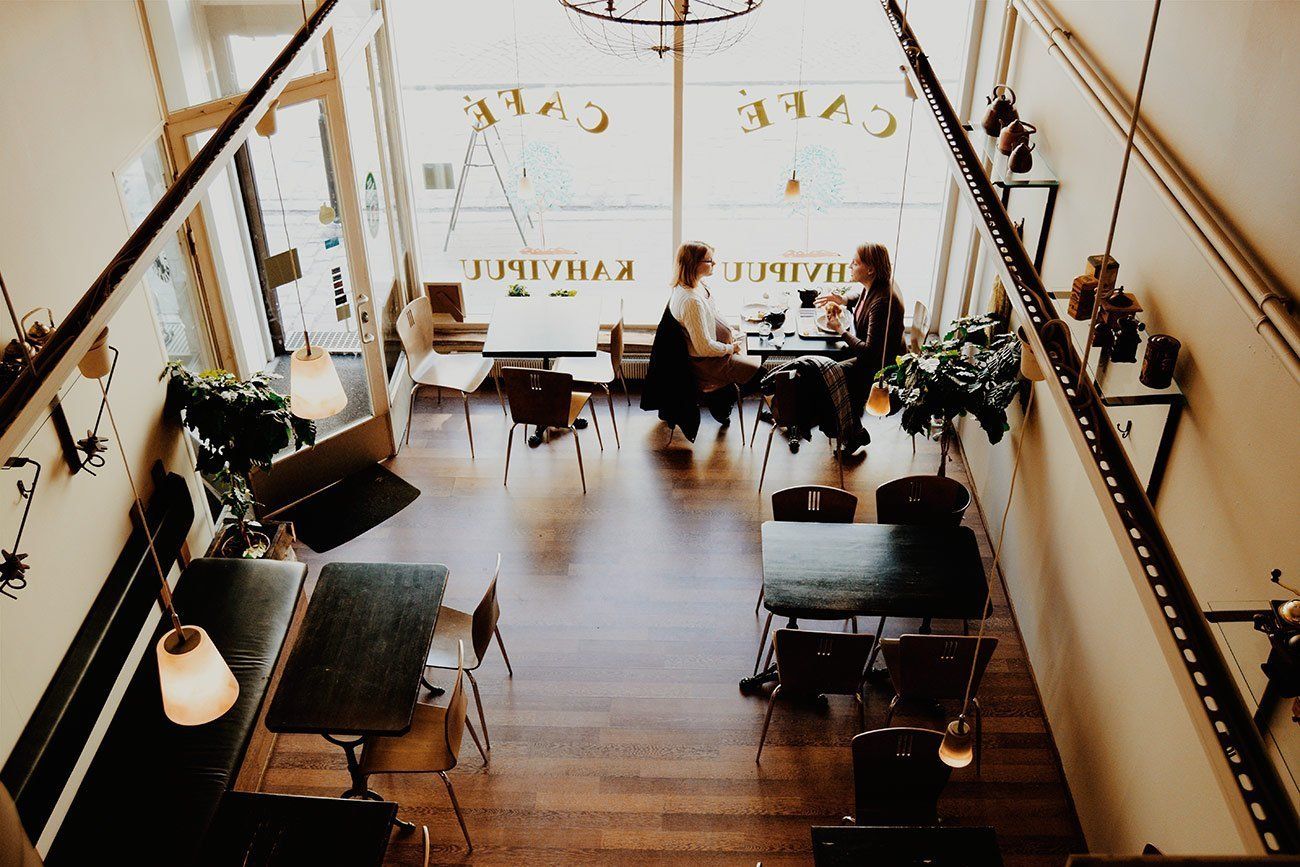 aerial view of a cafe with hardwood floors