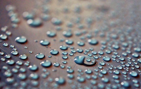 A close up of water drops on a surface.