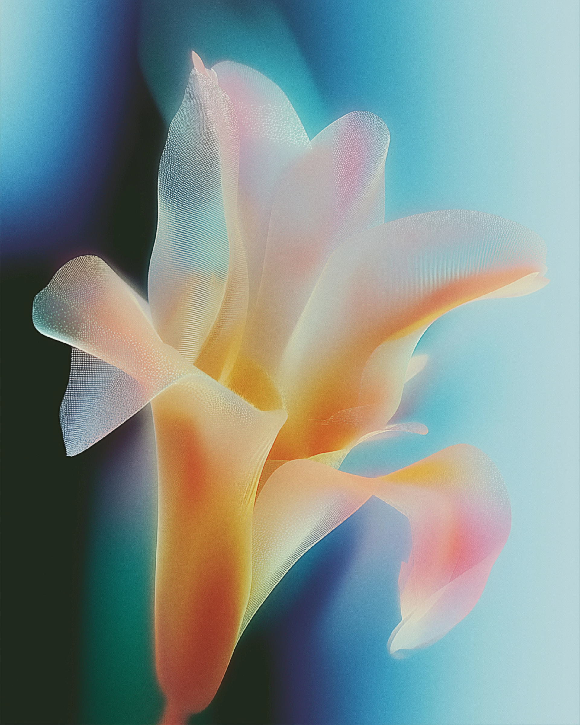 Abstract pastel flower with translucent petals on a soft blue background