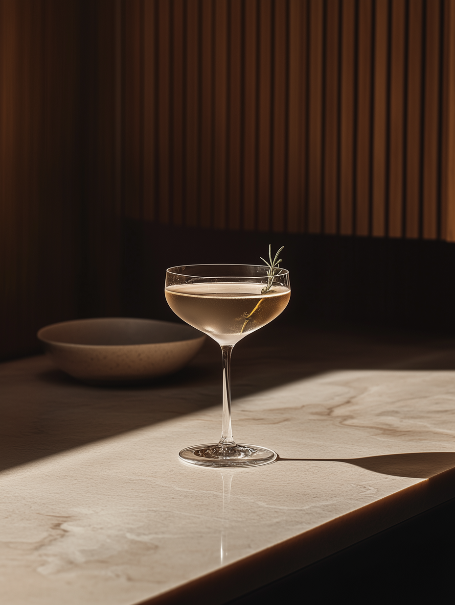 Cocktail in a coupe glass on a marble surface, with a sprig of rosemary.