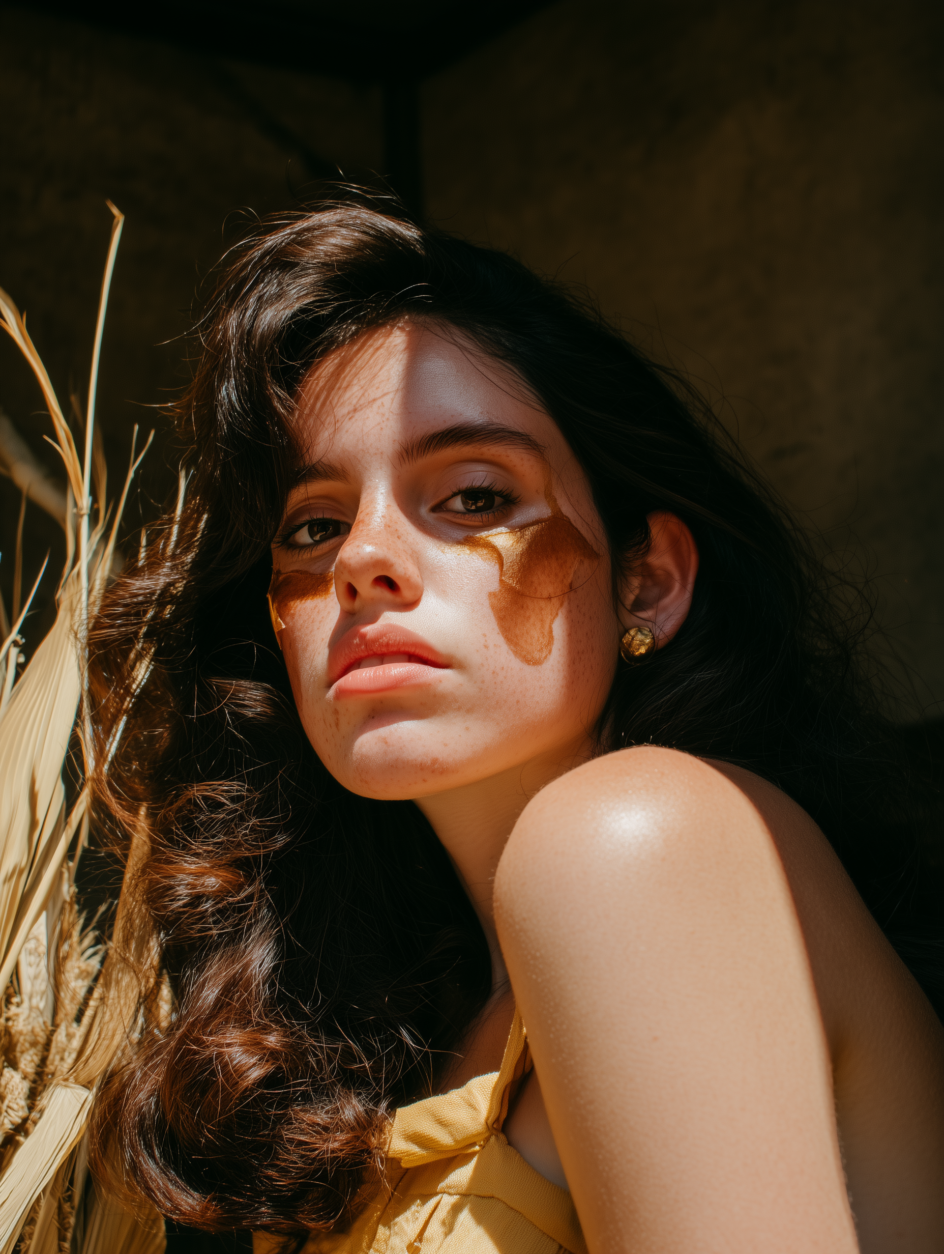 Mujer con cabello oscuro y rizado mirando a la cámara, rostro iluminado por el sol, top amarillo y paja.