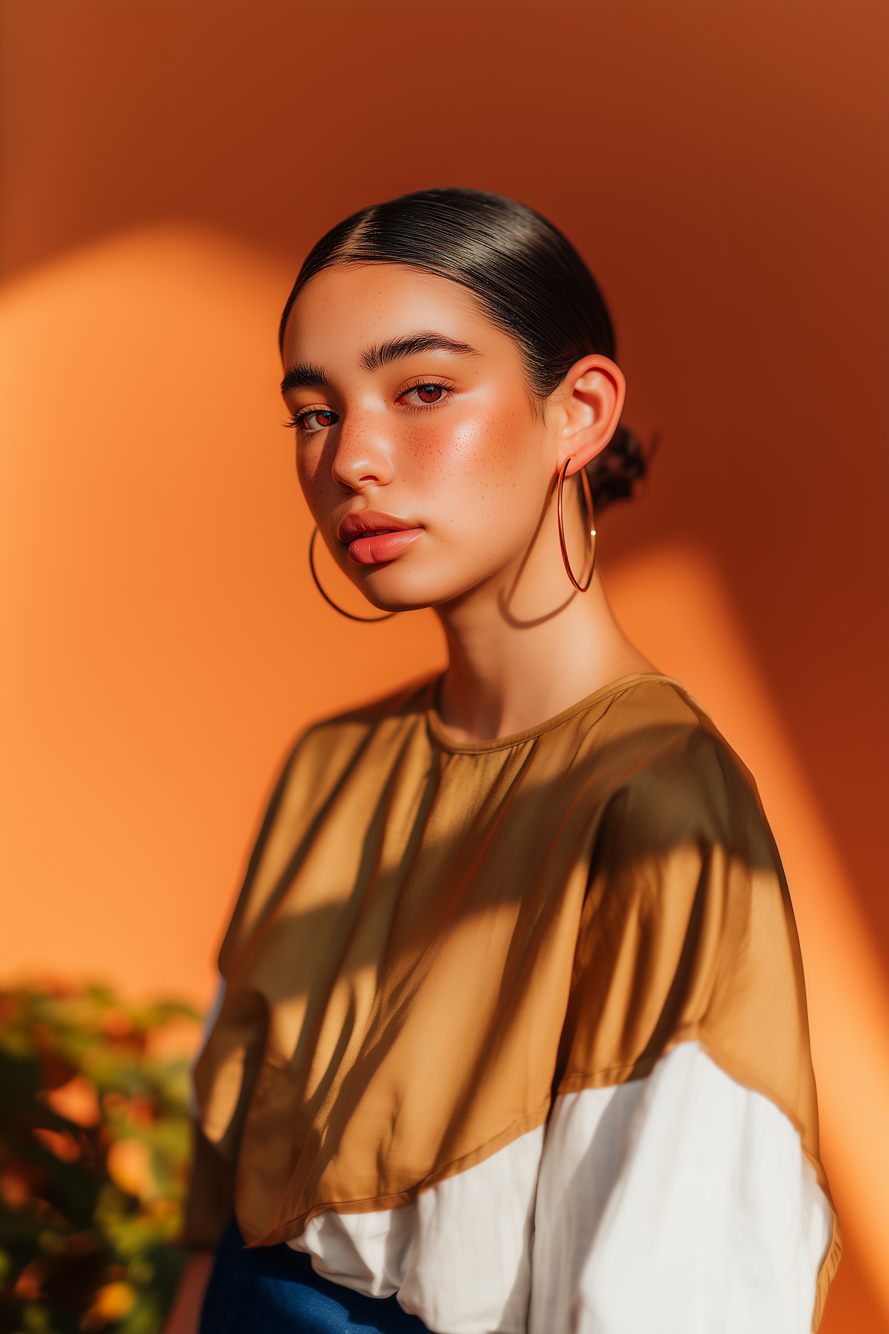 Portrait of a person in warm sunlight, wearing a tan and white top against an orange background.
