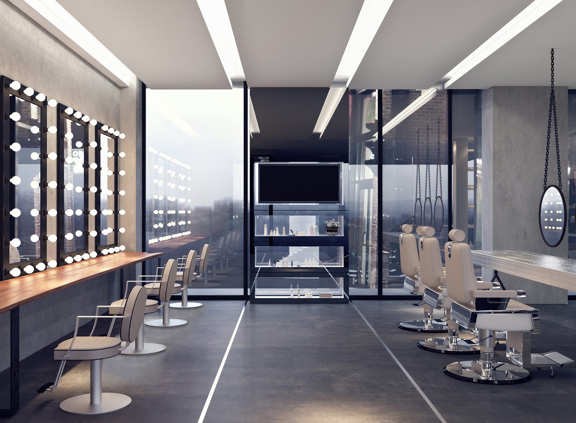 A salon interior featuring mirrors and chairs, illuminated by natural light from a large window, promoting Mokara Solutions.