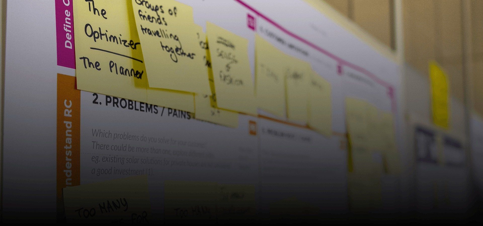 Close-up of a whiteboard with yellow sticky notes containing handwritten text.