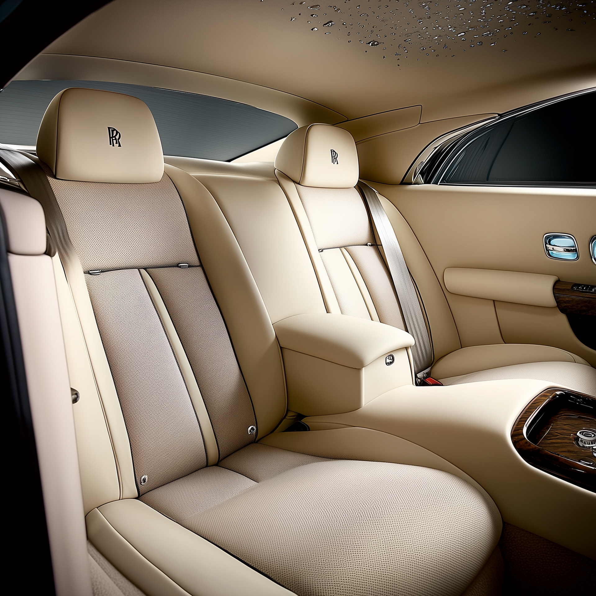 Beige en crèmekleurig Rolls-Royce-interieur met twee achterstoelen, bruine en gebloemde bekleding en een houten console.