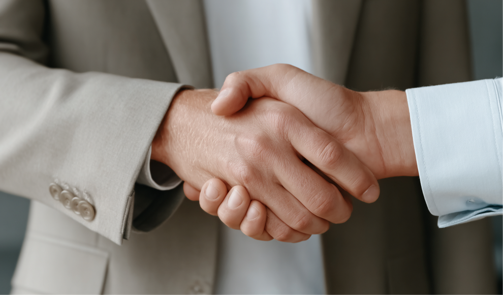 Two people in professional business attire shaking hands.