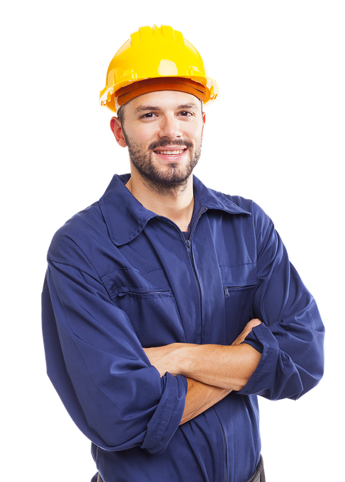 a plumber wearing a hard hat stands with his arms crossed in front of him
