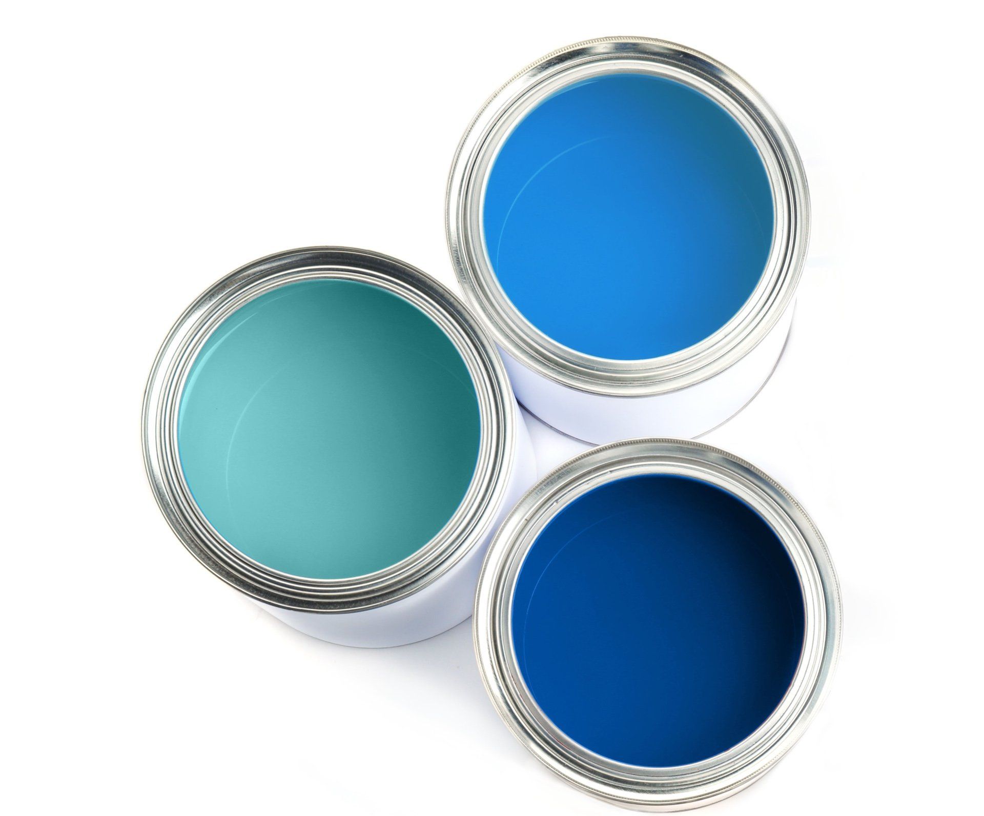 Three cans of blue paint on a white background