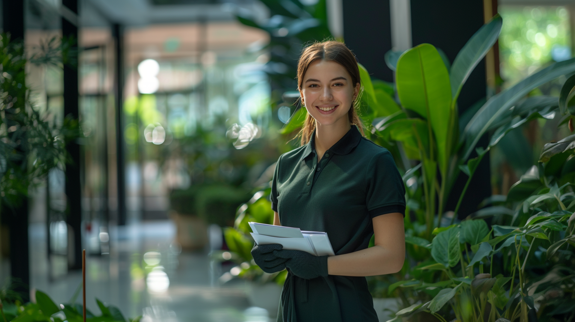 Woman in green uniform smiles, holding papers, surrounded by lush indoor plants.