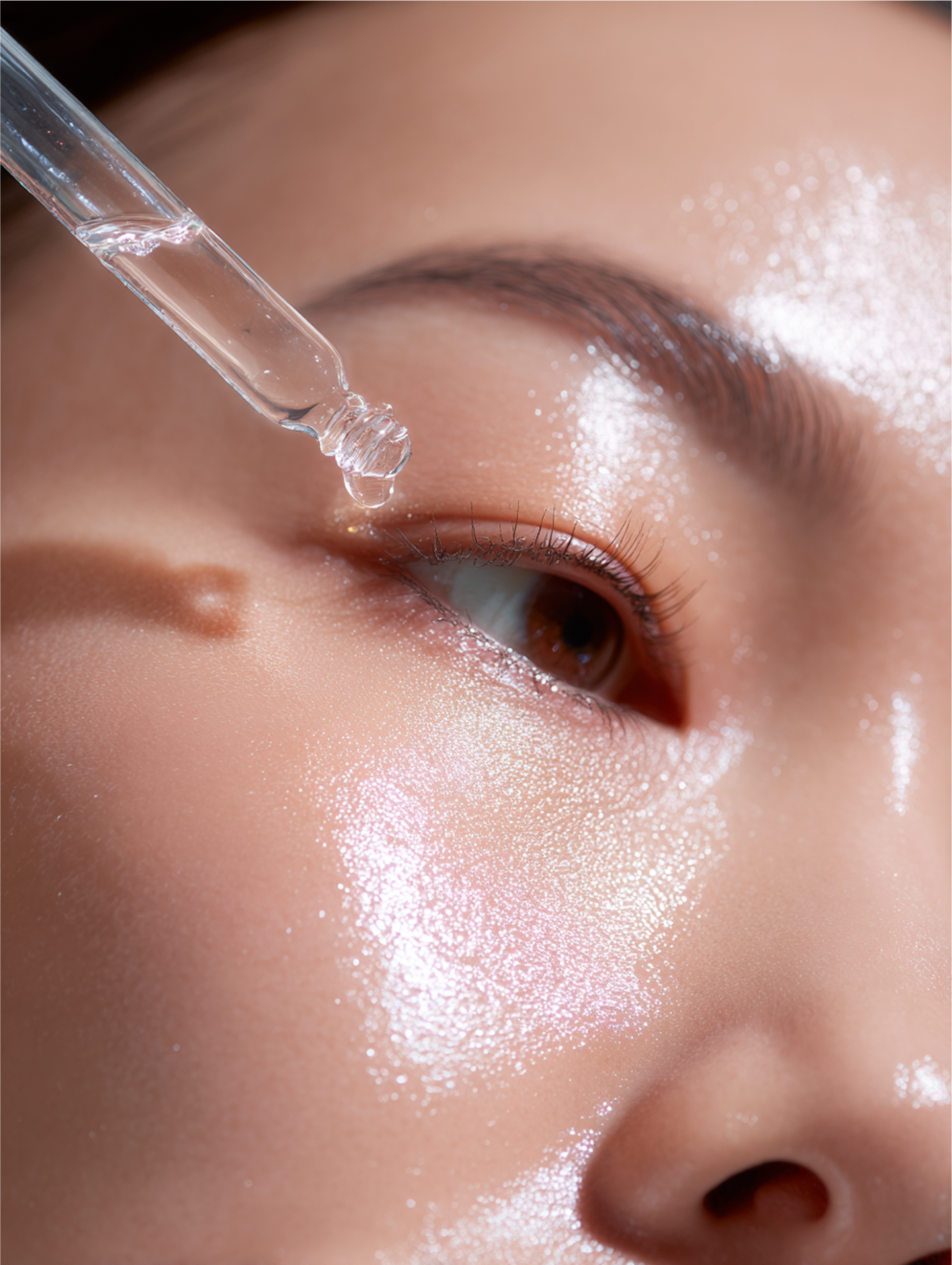 Close-up of a person's face. A dropper is dispensing a clear serum onto the skin near the eye, which appears hydrated and glowing.