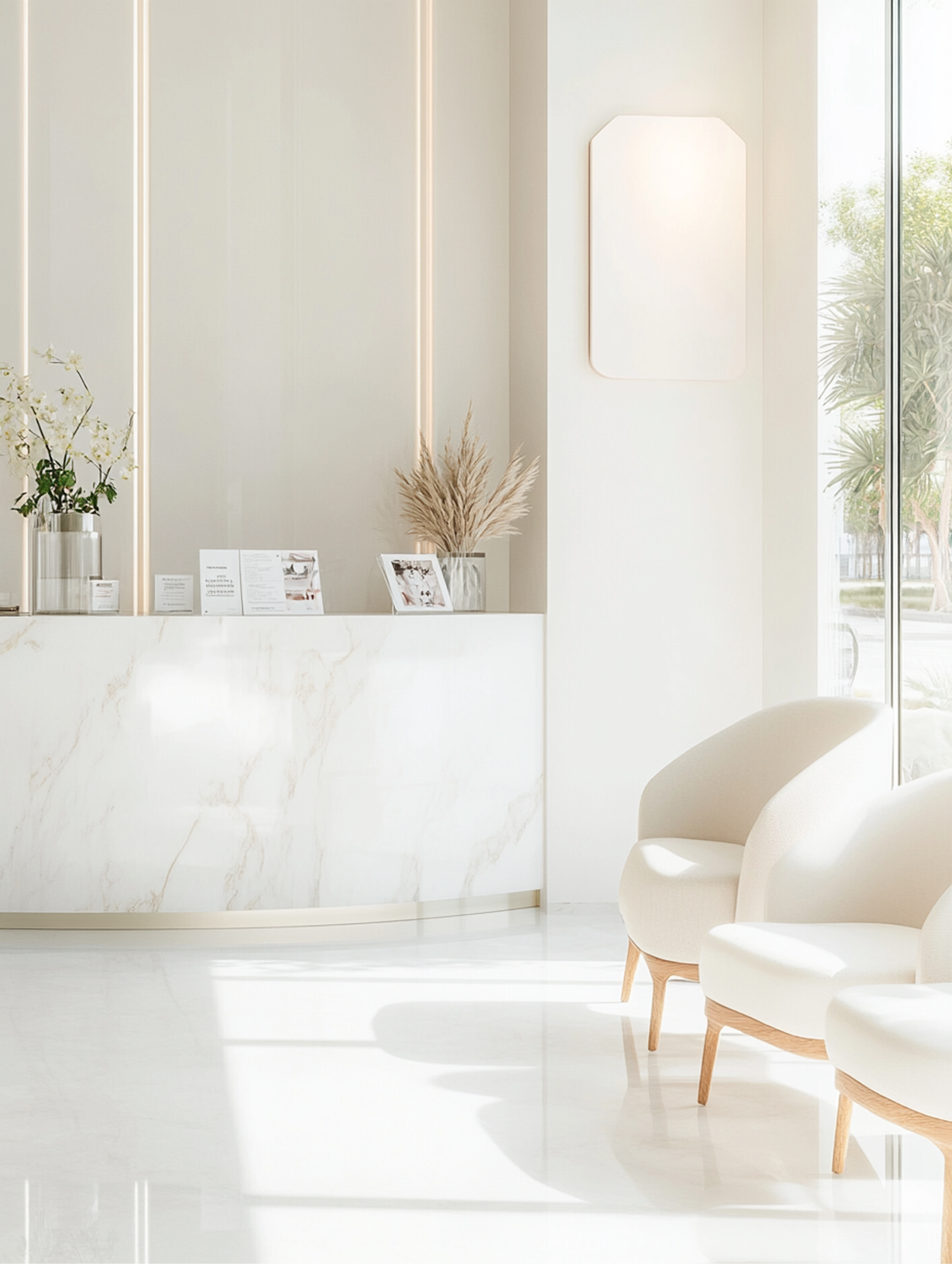 Bright, minimalist reception area with marble counter, beige chairs, and sunlight.
