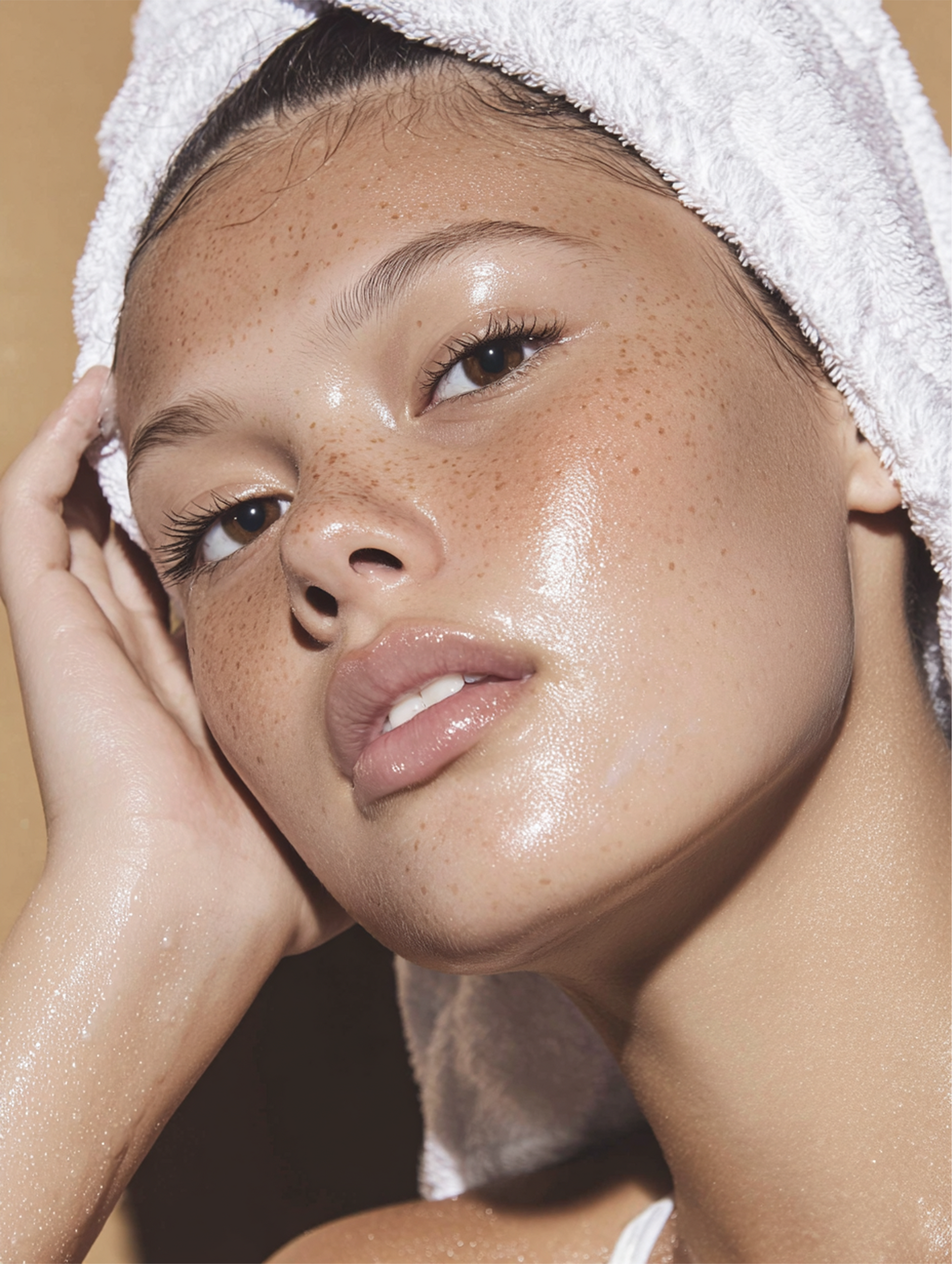 Woman with a white towel on her head, dewy skin, and freckles.