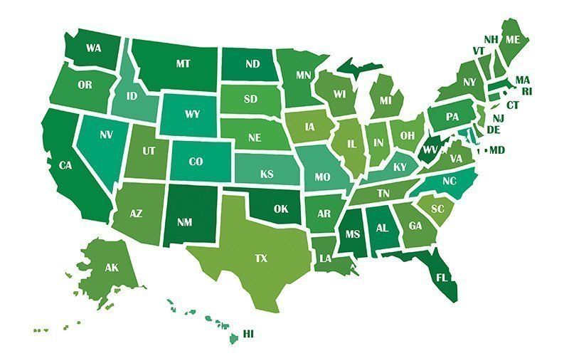 A map of the united states with green states for wildlife pest control services
