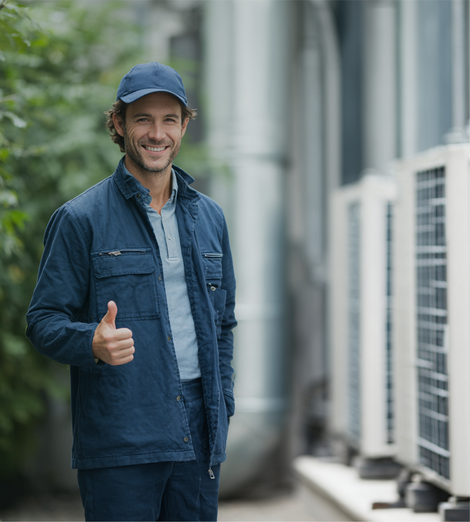HVAC technician giving thumbs up, smiling in front of AC units. Wearing blue work clothes and a cap.