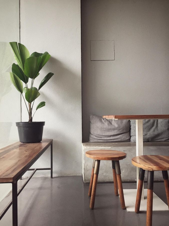 Minimalist cafe corner with a potted plant, wooden table, and stools against a gray wall.