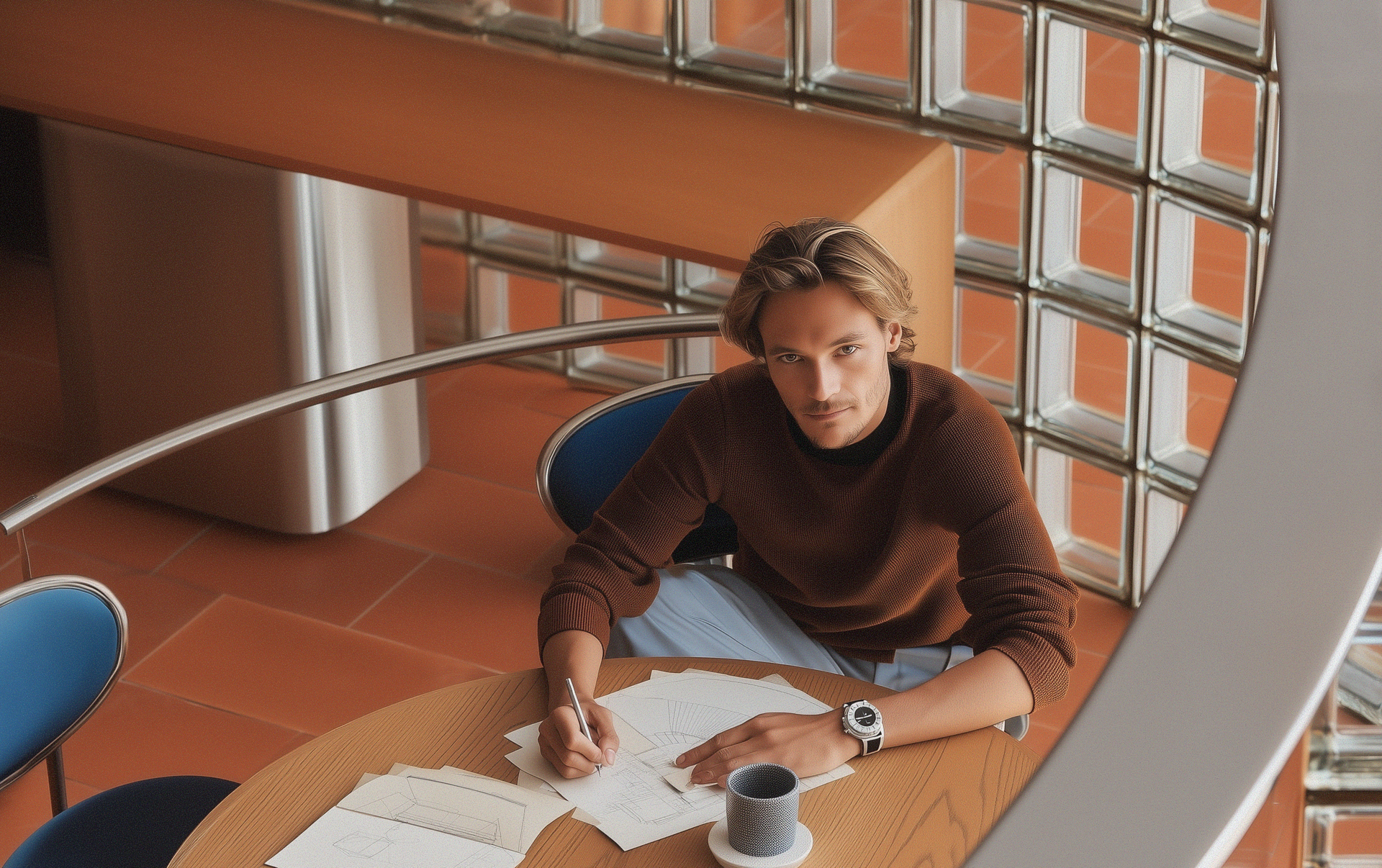 Man sketching in modern office with brick glass
