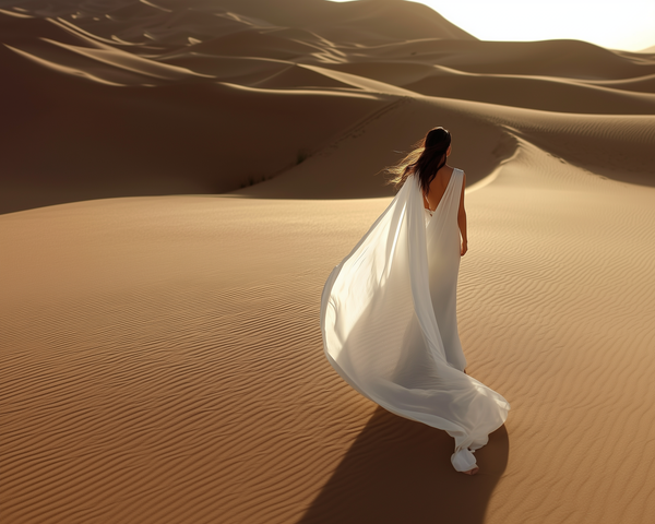 A woman in a white dress is walking through the desert