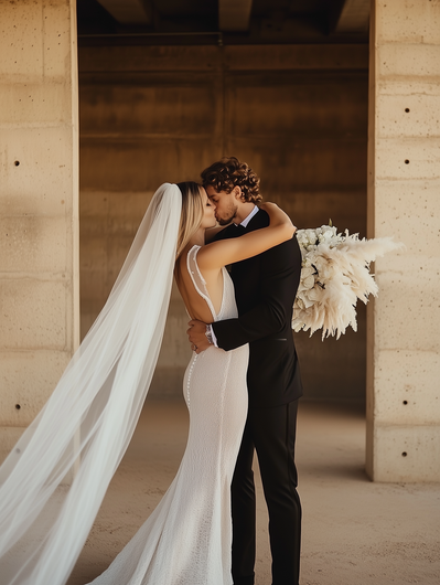A bride and groom are kissing in front of a wall.