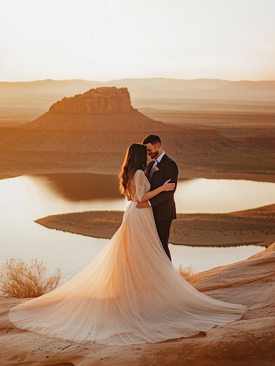 A bride and groom are kissing on top of a mountain overlooking a lake.