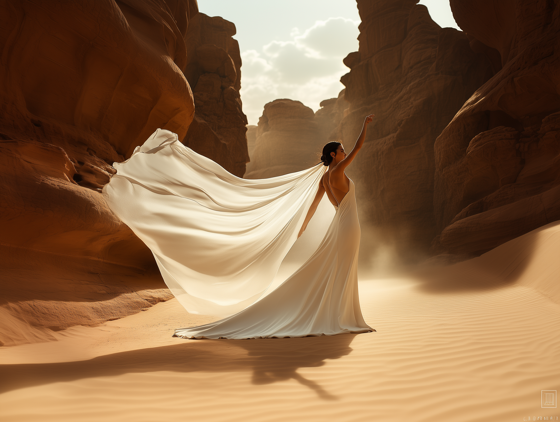 A woman in a long white dress is standing in the desert.